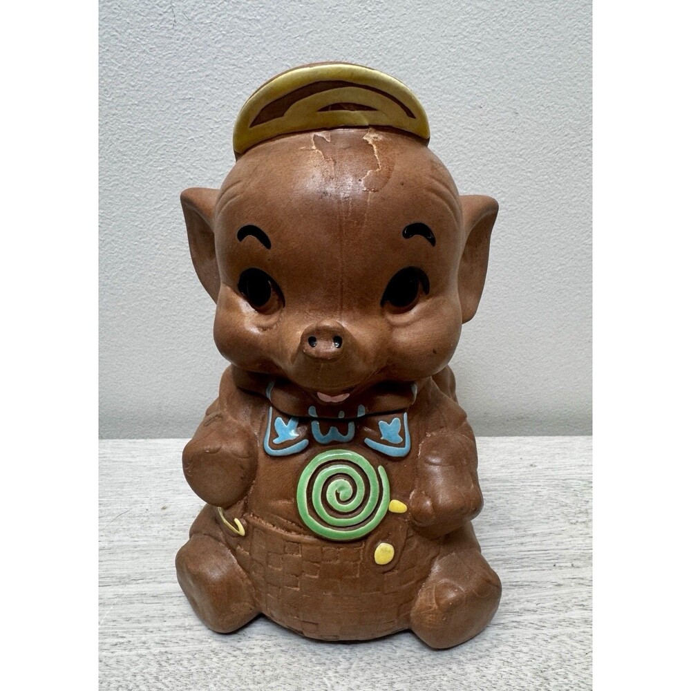 ⁠Vtg Elephant Cookie Jar Anthropomorphic Ceramic Swirl Lollipop Bowtie Basket⁠
